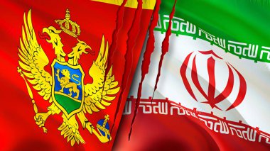 Karadağ ve İran yara izi kavramına sahip bayraklar. Dalgalanan bayrak, 3 boyutlu görüntüleme. Karadağ ve İran ihtilaf kavramı. Karadağ İran ilişkileri kavramı. Karadağ ve İran 'ın bayrağı kriz, savaş, saldırı konsepti