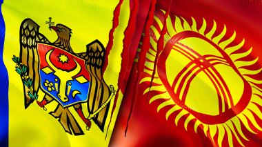 Yara izi olan Moldova ve Kırgızistan bayrakları. Dalgalanan bayrak, 3 boyutlu görüntüleme. Moldova ve Kırgızistan çatışma konsepti. Moldova Kırgızistan ilişkileri kavramı. Moldova bayrağı ve Kırgızistan krizi, savaş