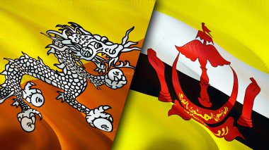 Butan ve Brunei bayrakları. 3 boyutlu dalgalanan bayrak tasarımı. Bhutan Brunei bayrağı, resim, duvar kağıdı. Bhutan Brunei 'ye karşı, görüntü 3D. Bhutan Brunei ilişkileri ittifak ve ticaret, seyahat, turizm konsepti