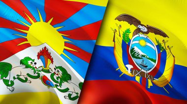 Tibet ve Ekvador bayraklarında yara izi var. Dalgalanan bayrak, 3 boyutlu görüntüleme. Tibet ve Ekvador çatışma konsepti. Tibet Ekvador ilişkileri kavramı. Tibet bayrağı ve Ekvador krizi, savaş, saldırı konsepti