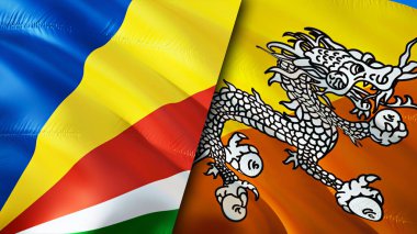 Seyşeller ve Butan bayrakları. 3 boyutlu dalgalanan bayrak tasarımı. Seyşeller Butan bayrağı, resim, duvar kağıdı. Seyşeller Bhutan 'a karşı, görüntü 3D. Seyşeller Bhutan ilişkileri ittifak ve ticaret, seyahat, turnuva