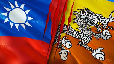 Yara izi olan Tayvan ve Bhutan bayrakları. Dalgalanan bayrak, 3 boyutlu görüntüleme. Tayvan ve Bhutan çatışma konsepti. Tayvan Bhutan ilişkileri kavramı. Tayvan bayrağı ve Butan krizi, savaş, saldırı konsepti