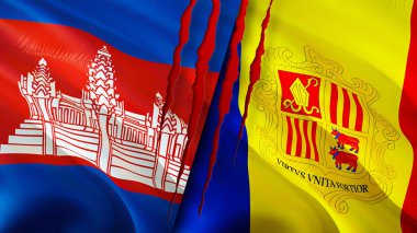 Kamboçya ve Andorra yara izi olan bayraklar. Dalgalanan bayrak, 3 boyutlu görüntüleme. Kamboçya ve Andorra çatışma konsepti. Kamboçya Andorra ilişkileri kavramı. Kamboçya bayrağı ve Andorra krizi, savaş, attac