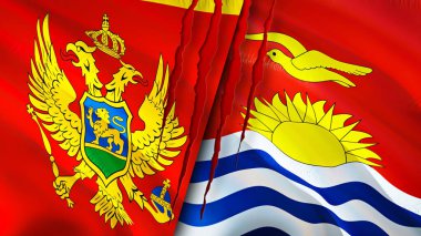 Karadağ ve Kiribati yara izi kavramına sahip bayraklar. Dalgalanan bayrak, 3 boyutlu görüntüleme. Karadağ ve Kiribati ihtilaf kavramı. Karadağ Kiribati ilişkileri kavramı. Karadağ ve Kiribat bayrağı