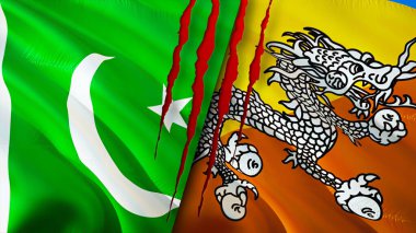 Yara izi olan Pakistan ve Butan bayrakları. Dalgalanan bayrak, 3 boyutlu görüntüleme. Pakistan ve Butan çatışma konsepti. Pakistan Bhutan ilişkileri kavramı. Pakistan bayrağı ve Butan krizi, savaş, saldırı konsepti