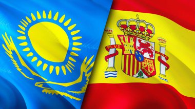 Kazakistan ve İspanya bayrakları. 3 boyutlu dalgalanan bayrak tasarımı. Kazakistan İspanya bayrağı, resim, duvar kağıdı. Kazakistan, İspanya imajına karşı, 3 boyutlu canlandırma. Kazakistan İspanya ilişkileri ittifak ve ticaret, seyahat, turnuva
