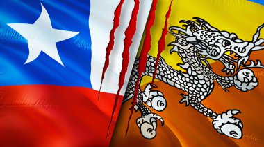 Yara izi olan Şili ve Bhutan bayrakları. Dalgalanan bayrak, 3 boyutlu görüntüleme. Şili ve Bhutan çatışma konsepti. Şili Bhutan ilişkileri kavramı. Şili ve Butan bayrağı krizi, savaş, saldırı konsepti