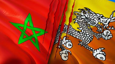 Fas ve Bhutan bayrakları ve yara izi konsepti. Dalgalanan bayrak, 3 boyutlu görüntüleme. Fas ve Butan çatışma konsepti. Fas Bhutan ilişkileri kavramı. Fas bayrağı ve Butan krizi, savaş, saldırı konsepti