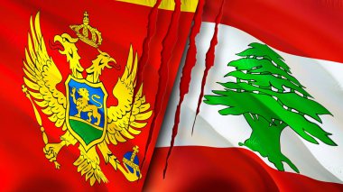 Karadağ ve Lübnan yara izi kavramına sahip bayraklar. Dalgalanan bayrak, 3 boyutlu görüntüleme. Karadağ ve Lübnan ihtilaf kavramı. Karadağ Lübnan ilişkileri kavramı. Karadağ bayrağı ve Lübnan krizi ve savaşı