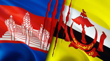 Kamboçya ve Brunei bayraklarında yara izi var. Dalgalanan bayrak, 3 boyutlu görüntüleme. Kamboçya ve Brunei çatışma konsepti. Kamboçya Brunei ilişkileri kavramı. Kamboçya bayrağı ve Brunei krizi, savaş, saldırı konsepti