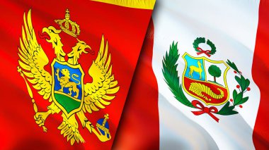 Karadağ ve Peru bayrakları. 3 boyutlu dalgalanan bayrak tasarımı. Karadağ Peru bayrağı, resim, duvar kağıdı. Karadağ, Peru 'ya karşı, görüntü 3 boyutlu. Karadağ Peru ilişkileri ittifak ve ticaret, seyahat ve turizm kavramları