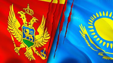 Karadağ ve Kazakistan yara izi kavramına sahip bayraklar taşıyor. Dalgalanan bayrak, 3 boyutlu görüntüleme. Karadağ ve Kazakistan ihtilaf konsepti. Karadağ Kazakistan ilişkileri kavramı. Karadağ ve Kazakistan bayrağı