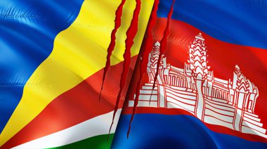 Yara izi olan Seyşeller ve Kamboçya bayrakları. Dalgalanan bayrak, 3 boyutlu görüntüleme. Seyşeller ve Kamboçya çatışma konsepti. Seyşeller Kamboçya ilişkileri kavramı. Seyşeller ve Kamboçya bayrağı