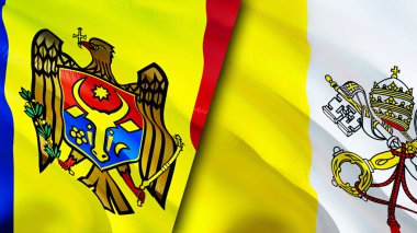 Moldova ve Vatikan bayrakları. 3 boyutlu dalgalanan bayrak tasarımı. Moldova Vatikan bayrağı, resim, duvar kağıdı. Moldova, Vatikan imajına karşı, 3 boyutlu canlandırma. Moldova Vatikan ilişkileri ittifak ve ticaret, seyahat, turizm konsepti