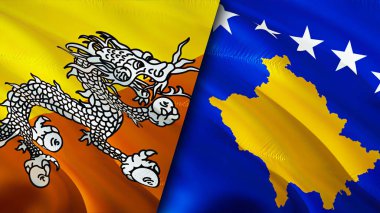 Butan ve Kosova bayrakları. 3 boyutlu dalgalanan bayrak tasarımı. Butan Kosova bayrağı, resim, duvar kağıdı. Butan Kosova 'nın imajına karşı, 3D görüntüleme. Butan Kosova ilişkileri ittifak ve Ticaret, seyahat ve turizm consepti