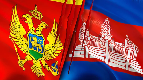 Montenegró Kambodzsa Zászlók Hegkoncepcióval Lengő Zászló Renderelés Montenegró Kambodzsa Konfliktuskoncepciója — Stock Fotó