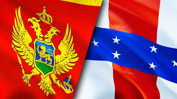 Montenegro and Netherlands Antilles flags. 3D Waving flag design. Montenegro Netherlands Antilles flag, picture, wallpaper. Montenegro vs Netherlands Antilles image,3D rendering. Montenegr