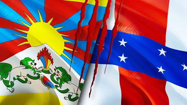 Tibet and Netherlands Antilles flags. 3D Waving flag design. Tibet Netherlands Antilles flag, picture, wallpaper. Tibet vs Netherlands Antilles image,3D rendering. Tibet Netherlands Antille