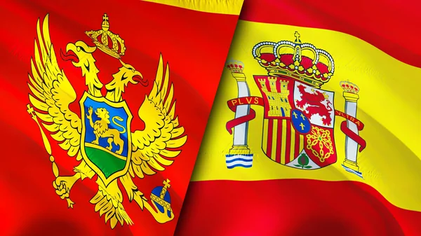 黑山和西班牙的国旗 3D波浪旗帜设计 黑山西班牙国旗 黑山对西班牙的图像 3D渲染 黑山西班牙关系联盟与贸易 — 图库照片
