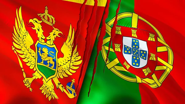 Montenegro Portugal Flags Scar Concept Waving Flag Rendering Montenegro Portugal — Stock Photo, Image