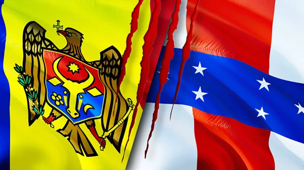 Moldova and Netherlands Antilles flags with scar concept. Waving flag,3D rendering. Moldova and Netherlands Antilles conflict concept. Moldova Netherlands Antilles relations concept. flag of Moldov