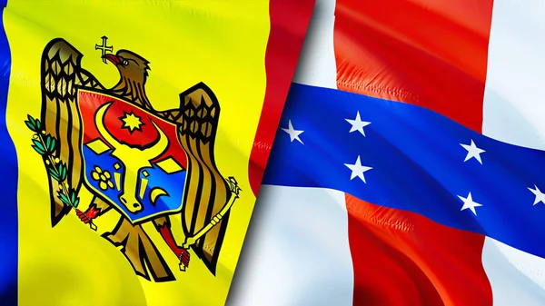 Moldova and Netherlands Antilles flags. 3D Waving flag design. Moldova Netherlands Antilles flag, picture, wallpaper. Moldova vs Netherlands Antilles image,3D rendering. Moldova Netherlands Antille