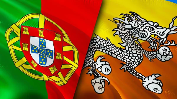 Portugália Bhután Zászlók Integető Zászló Design Portugália Bhutáni Zászló Kép — Stock Fotó