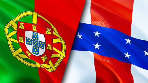 ポルトガルとオランダのアンティル諸島の旗 3D波動旗のデザイン ポルトガルオランダアンティル国旗 ポルトガル対オランダアンティル画像 3Dレンダリング ポルトガル オランダ — ストック写真
