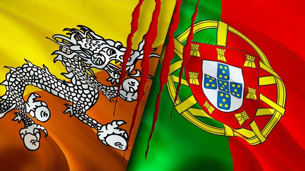 Bandiere Del Bhutan Del Portogallo Con Concetto Cicatrice Bandiera Sventolante — Foto Stock