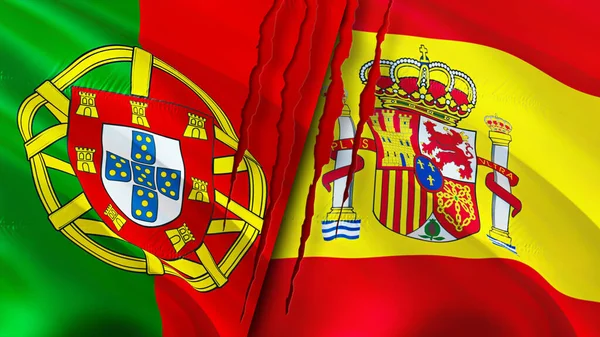 Portugal and Spain flags with scar concept. Waving flag,3D rendering. Portugal and Spain conflict concept. Portugal Spain relations concept. flag of Portugal and Spain crisis,war, attack concep