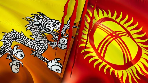 Bhutan Kirgistan Flagi Blizną Koncepcji Machanie Flagą Renderowanie Koncepcja Konfliktu — Zdjęcie stockowe