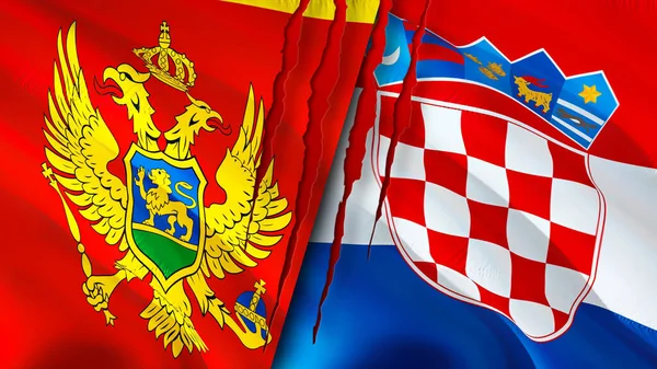 Montenegro and Croatia flags with scar concept. Waving flag,3D rendering. Montenegro and Croatia conflict concept. Montenegro Croatia relations concept. flag of Montenegro and Croatia crisis,war