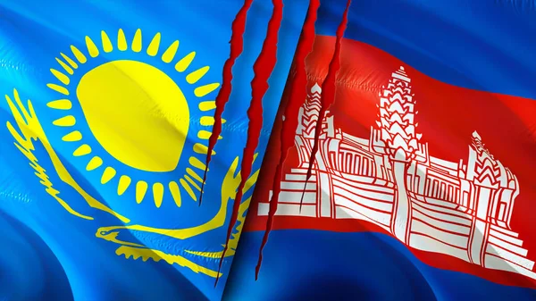Kazakhstan and Cambodia flags with scar concept. Waving flag,3D rendering. Kazakhstan and Cambodia conflict concept. Kazakhstan Cambodia relations concept. flag of Kazakhstan and Cambodi