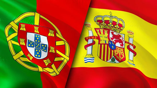 ポルトガルとスペインの国旗 3D波動旗のデザイン ポルトガルスペイン国旗 ポルトガル対スペインの画像 3Dレンダリング ポルトガルスペイン関係と貿易 観光コンセプト — ストック写真