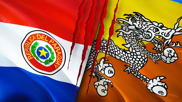 Bandiere Paraguay Bhutan Con Concetto Cicatrice Bandiera Sventolante Rendering Paraguay — Foto Stock