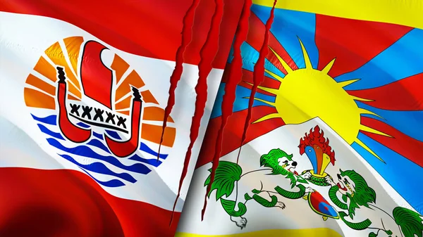 French Polynesia and Tibet flags with scar concept. Waving flag,3D rendering. French Polynesia and Tibet conflict concept. French Polynesia Tibet relations concept. flag of French Polynesia an
