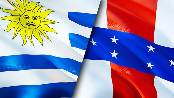 Uruguay and Netherlands Antilles flags. 3D Waving flag design. Uruguay Netherlands Antilles flag, picture, wallpaper. Uruguay vs Netherlands Antilles image,3D rendering. Uruguay Netherlands Antille