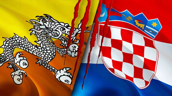 Bhutan and Croatia flags with scar concept. Waving flag,3D rendering. Bhutan and Croatia conflict concept. Bhutan Croatia relations concept. flag of Bhutan and Croatia crisis,war, attack concep