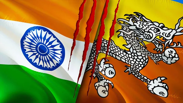 Bandiere India Bhutan Con Concetto Cicatrice Bandiera Sventolante Rendering Concetto — Foto Stock