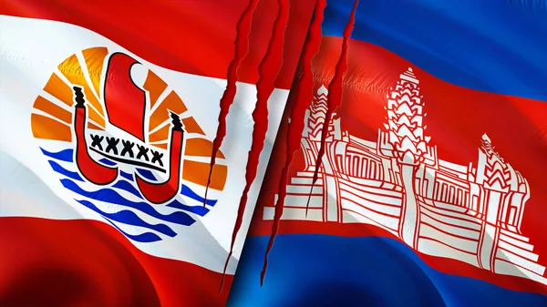 French Polynesia and Cambodia flags with scar concept. Waving flag,3D rendering. French Polynesia and Cambodia conflict concept. French Polynesia Cambodia relations concept. flag of French Polynesi