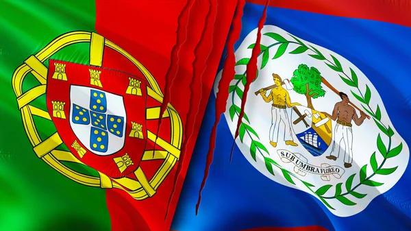 Portogallo Belize Bandiere Con Concetto Cicatrice Bandiera Sventolante Rendering Portogallo — Foto Stock