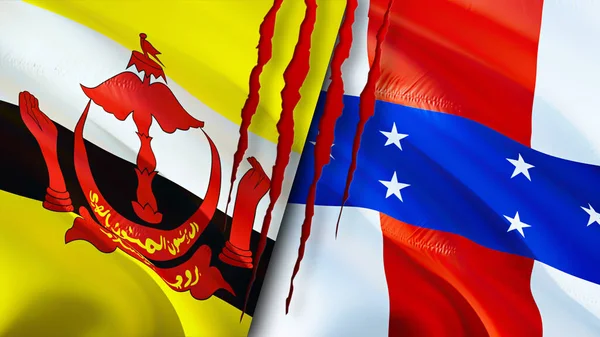 Brunei and Netherlands Antilles flags with scar concept. Waving flag,3D rendering. Brunei and Netherlands Antilles conflict concept. Brunei Netherlands Antilles relations concept. flag of Brunei an