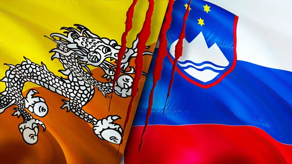 Bhutan and Slovenia flags with scar concept. Waving flag,3D rendering. Bhutan and Slovenia conflict concept. Bhutan Slovenia relations concept. flag of Bhutan and Slovenia crisis,war, attack concep