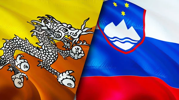 Bhutan and Slovenia flags. 3D Waving flag design. Bhutan Slovenia flag, picture, wallpaper. Bhutan vs Slovenia image,3D rendering. Bhutan Slovenia relations alliance and Trade,travel,tourism concep