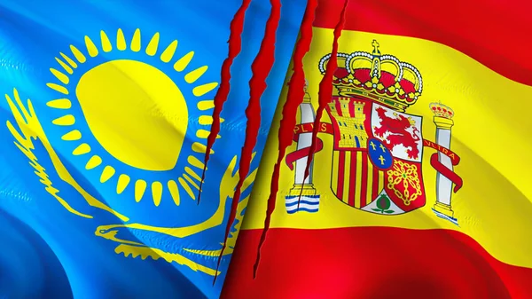 Kazakhstan and Spain flags with scar concept. Waving flag,3D rendering. Kazakhstan and Spain conflict concept. Kazakhstan Spain relations concept. flag of Kazakhstan and Spain crisis,war, attac