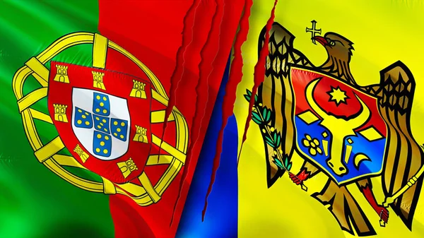 ポルトガルとモルドバは傷の概念でフラグを立てます 旗を振って3Dレンダリング ポルトガルとモルドバの紛争の概念 ポルトガルモルドバ関係の概念 ポルトガルとモルドバの危機戦争攻撃 — ストック写真