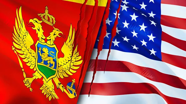 Montenegro and United States flags with scar concept. Waving flag,3D rendering. Montenegro and United States conflict concept. Montenegro United States relations concept. flag of Montenegro an