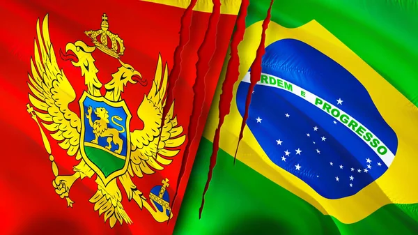 Montenegro and Brazil flags with scar concept. Waving flag,3D rendering. Montenegro and Brazil conflict concept. Montenegro Brazil relations concept. flag of Montenegro and Brazil crisis,war, attac