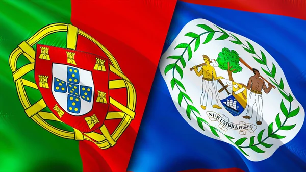 ポルトガルとベリーズの国旗 3D波動旗のデザイン ポルトガルベリーズの国旗 ポルトガル対ベリーズの画像 3Dレンダリング ポルトガルベリーズ関係と貿易 観光コンセプト — ストック写真