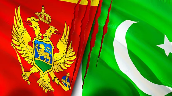 Montenegro and Pakistan flags with scar concept. Waving flag,3D rendering. Montenegro and Pakistan conflict concept. Montenegro Pakistan relations concept. flag of Montenegro and Pakista